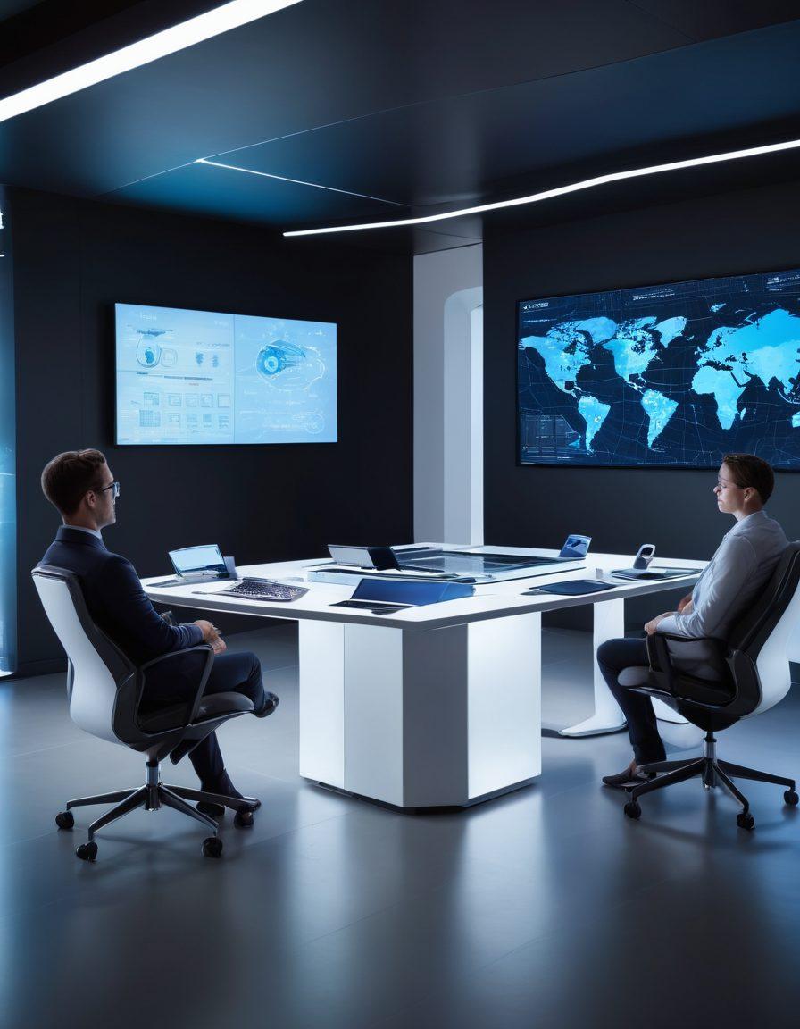 A futuristic office scene with professionals discussing innovative insurance technology, featuring digital screens displaying dynamic policy graphs and data analytics. Include elements like drones and AI assistants that symbolize technological advancement in insurance. Bright, optimistic colors to represent innovation and progress. super-realistic. vibrant colors. modern design.