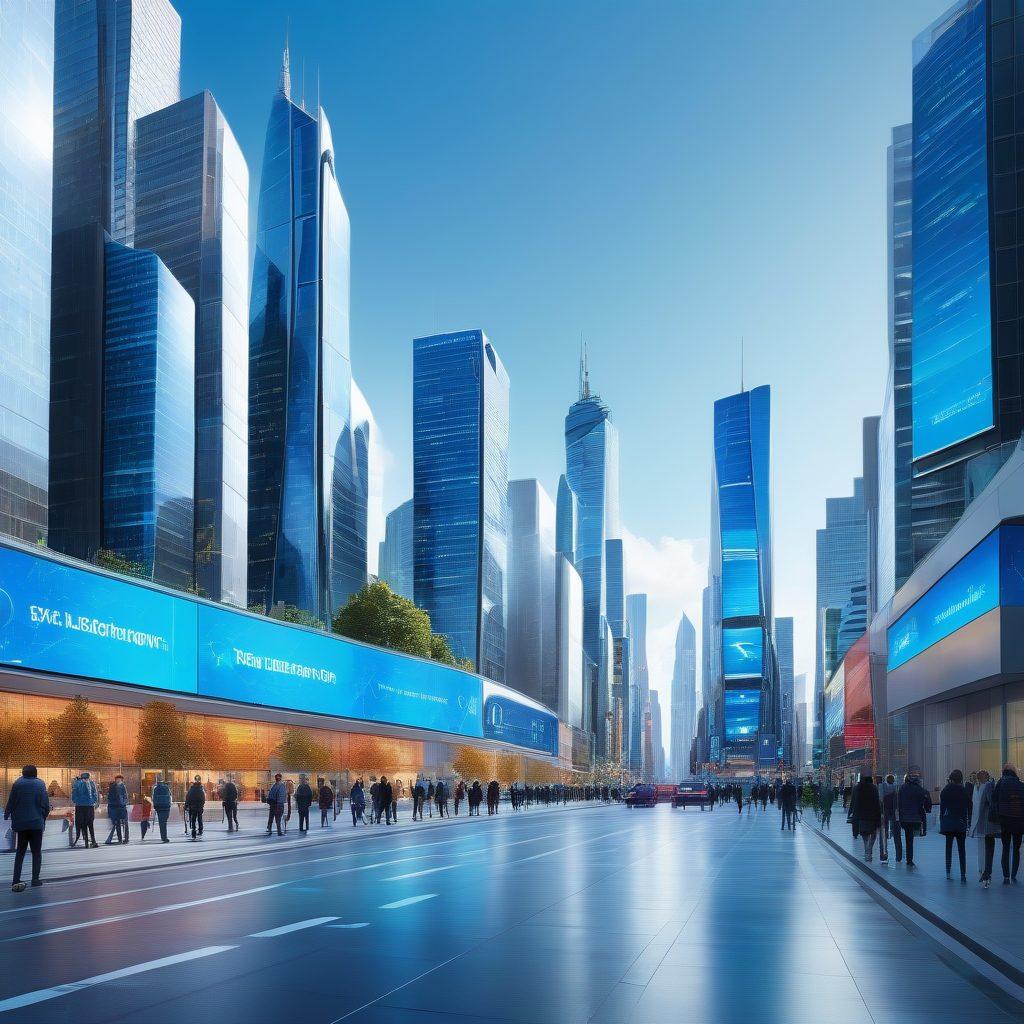 A futuristic city skyline with digital screens displaying various insurance products and solutions, people interacting with holographic images of policies, a bright blue sky, and gleaming buildings representing security and innovation. super-realistic. vibrant colors. white background.