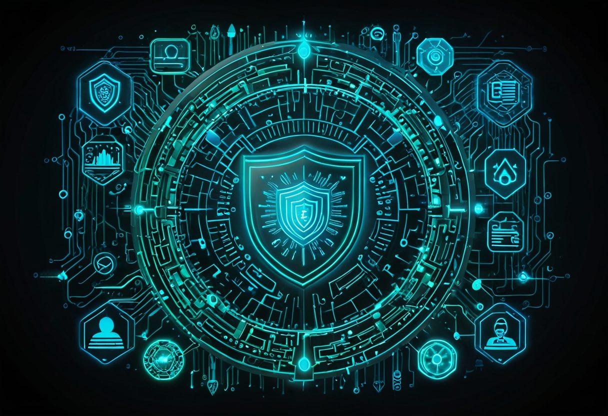An abstract representation of digital insurance, featuring a shield made of data streams and binary code, illuminated by glowing neon lines. Surrounding the shield, various icons symbolize personalized insurance options like home, auto, and health, merging them with a vibrant digital landscape. The background should have a futuristic touch with circuitry patterns and a blend of blue and green colors to convey security and technology. super-realistic. vibrant colors. 3D.